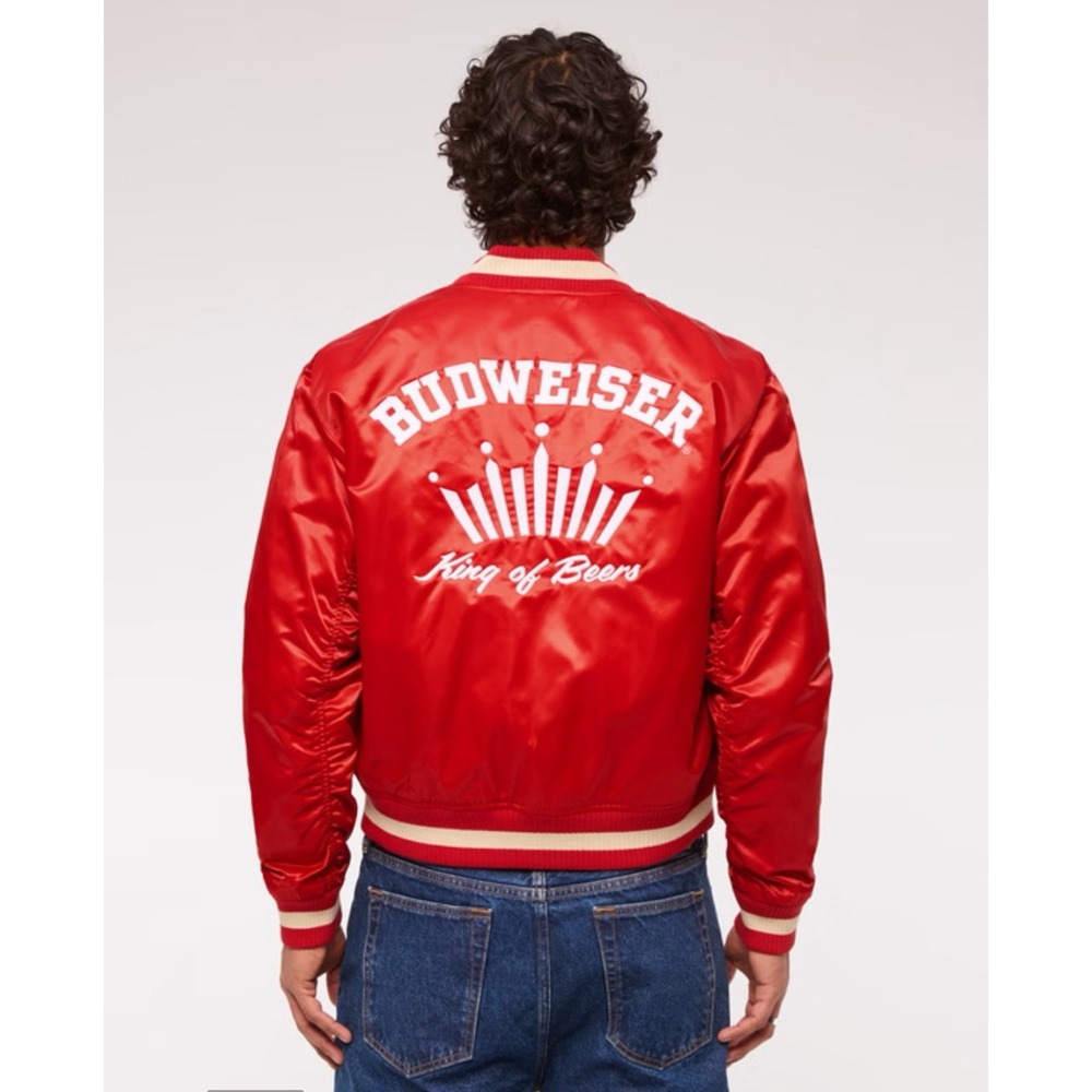 Abercrombie & Fitch Men's Budweiser Varsity Red Satin Bomber Jacket Size XL NWT